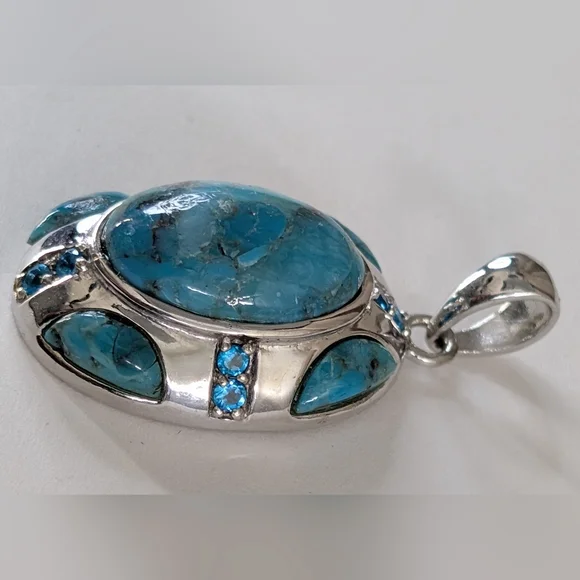 Vintage BBJ Sterling Silver Multi-Gemstone Pendant - Turquoise & Blue Topaz - Picture 3 of 7